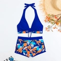 Dettaglio del costume da bagno a due pezzi con top blu e pantaloncini a stampa tropicale - S / Top E Pantaloni / Blu Zaffiro
