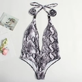 One-piece halter swimsuit featuring black and white snake print and 3D floral accents - S / Snakeskin Jasper