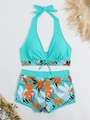 Detail of high-waist bikini with tropical leaf print and drawstring top on beach props - S / Lake Blue