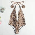 Women's one-piece leopard print swimsuit with deep V-neck and halter strap detail - S / Leopard Print