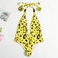 Women's one-piece swimsuit in vibrant yellow leopard print with deep V-neck and halter straps - S / Yellow