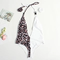 One-piece halter neck swimsuit with leopard print and white color block design - S / Leopard Patch