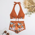 Dettaglio del top bikini arancio bruciato e pantaloncini con stampa floreale e decori - S / Top E Pantaloni / Cioccolato