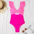 Flat lay of one-piece swimsuit with V-neck, ruffle sleeves and cutout detail on white fabric - S / Pink and Rose Red