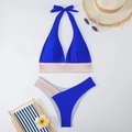 Flat lay of royal blue bikini with colorful wavy elastic bands and summer beach accessories - S / Royal Blue