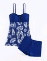 Detail of high waist tankini swimsuit with white leaf prints and blue boyleg swim shorts - S / Blue (Palm Leaf)