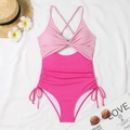 Detail of pink ribbed one-piece swimsuit featuring side drawstrings and front cutout - S / Pink and Rose Red