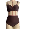 Women high waisted brown two-piece bikini set with crisscross wrap top and modest bottom - S / Brown