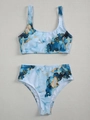 Teal marble print two-piece bikini with high-waisted bottoms and gold fluid art lines - S / 03 Blue