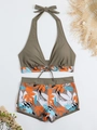 Olive green halter bikini with high-waisted boy shorts featuring tropical leaf prints - S / Brown