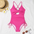 Close-up of bright magenta one-piece swimsuit with ribbed texture and drawstring details - S / Rose Red