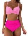 Detail of high waisted bikini set with twist front top and ruched tummy control bottoms - S / Pink and Rose Red