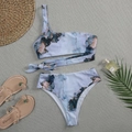 Blue marble print one-shoulder bikini set with high waist bottom and wrap tie details - S / Shoulder Style