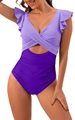 Détail du maillot de bain violet bicolore avec manches volantées et découpe ventrale - S / Violet
