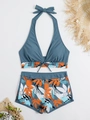 Two-piece halter bikini set with blue top and tropical leaf print high-waisted shorts - S / Gray Blue