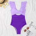 Detail of purple two-tone one-piece swimsuit with ruffle shoulders and cutout design - S / Purple