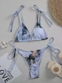 Women's two-piece bikini set with light blue marble print and adjustable tie side straps - S / Lace-up Style