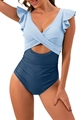 Detail of color-block swimsuit with V-neck, ruffle sleeves and ruched tummy control design - Sky Blue