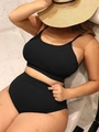 Detail of plus size black ribbed bikini set with high-waist bottom and tank style top - 0XL / Black