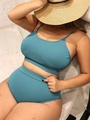 Detail of teal ribbed fabric on high-waisted bikini with vertical texture finish - 0XL / Emerald Green