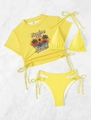 Detailed flat lay of a bright yellow 3-piece bikini set with a graphic crop top t-shirt - S / Yellow