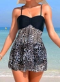 Detail of high waisted tankini swim dress with leopard print mesh and black bodice - S / Top And Bottom / Black 4 (Leopard Print)