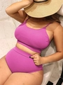 Detail of plus size purple bikini set featuring ribbed stretchy fabric and high waist design - 0XL / Pink
