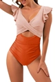 Detail of pink and orange one-piece swimsuit with ruffle sleeves and side ruching - Orange Red