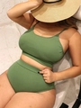 Detail view of sage green ribbed bikini featuring high waisted bottoms on curvy model - 0XL / Green