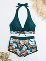 Women's halter high waist bikini set with tropical leaf print and boyshort bottoms - S / Dark Green