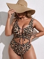 Detail of plus size one-piece swimsuit with leopard print, V-neck, and waist cutout - 0XL / Leopard Print