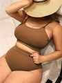 Close-up of brown ribbed high-waisted bikini with textured knit fabric details - 0XL / Top And Bottom / Brown