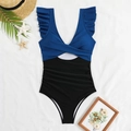 Flat lay of v-neck one-piece swimsuit with blue ruffle straps and black ruched bottom - S / Dark Blue + Black