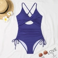 Flat lay of deep purple one-piece swimsuit with ribbed texture and drawstring details - S / Dark Blue