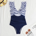 Detail of V-neck one-piece swimsuit with blue stripes, ruffle trim and waist cutout - S / Striped & Navy