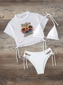 Three-piece white bikini set with mesh cover-up featuring sunset print and side tie bottoms - S / White