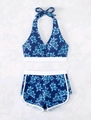 Zweiteiliger Bikini mit blauem Hibiskus-Druck, Neckholder-Top und Panty-Hose - S / Blau
