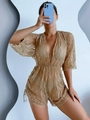 Copricostume in pizzo dorato elegante con coulisse e profondo scollo a V in primo piano - S / Top E Pantaloni / Pizzo Rete Champagne