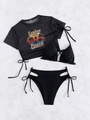 Three-piece black bikini set with high-waist bottoms and printed mesh cover-up top - XL / Black