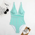 Deep V-neck one-piece swimsuit featuring mint green vertical stripes and ruched waist detail - S / Lake Green