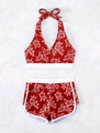 Zweiteiliger roter Bikini mit tropischem Blumenmuster, Neckholder und hoher Taille - S / Rot