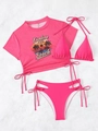 Three-piece pink bikini set with mesh short sleeve cover-up and sunset beach print - XL / Rose Red