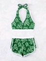 Zweiteiliger grüner Bikini mit tropischem Blumenmuster, Neckholder-Top und Badeshorts - S / Grün