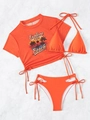 Three-piece orange bikini set with short sleeve mesh top and sunset beach print - XL / Orange