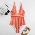 Deep V-neck one-piece swimsuit with vertical red stripes and slimming waist detail - S / Red