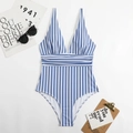 Detail of blue and white striped one-piece swimsuit with V-neck and ruched waist - S / Blue