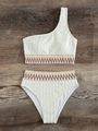 Detail of white one-shoulder bikini with colorful wave embroidery on high waist band - S / White