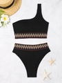 Detail of black one-shoulder bikini with colorful zigzag embroidery and high waist - S / Black