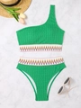 Flat lay of high-waisted green bikini with ethnic wave embroidery and ribbed texture - S / Green