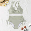 Detail of light green ribbed bikini with adjustable drawstring sides and high waist - S / Top And Bottom / Matcha Green